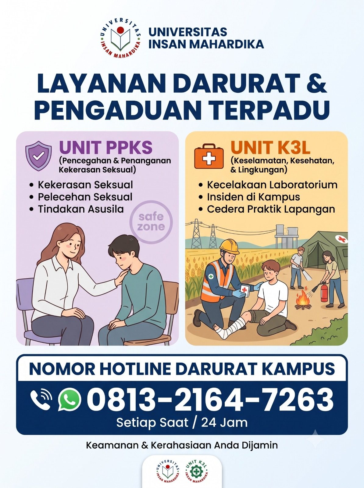 Layanan Darurat & Pengaduan Terpadu: Hotline Satgas PPKS dan Unit K3L Universitas Insan Mahardika